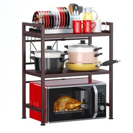 PUSDON Microwave Oven Rack, Adjustable Heavy Duty 3-Tier Shelf with 3 Hooks for Kitchen Counter Top Organizer, Holds 160lbs, Bronze