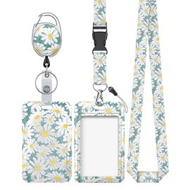 Pawfly Floral Sliding Badge Holder White Flower Plastic Case with Retractable Badge Reel Carabiner Clip & Detachable Lanyard Strap Fashionable Vertical Card Protector for Women Nurse Teacher Student