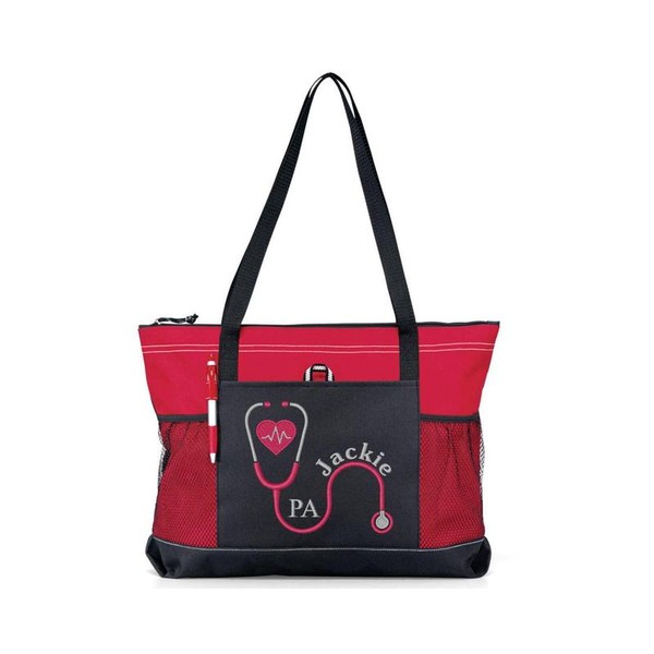 Embroidered Nurses Tote Bag with Stethoscope Design - color: Red,