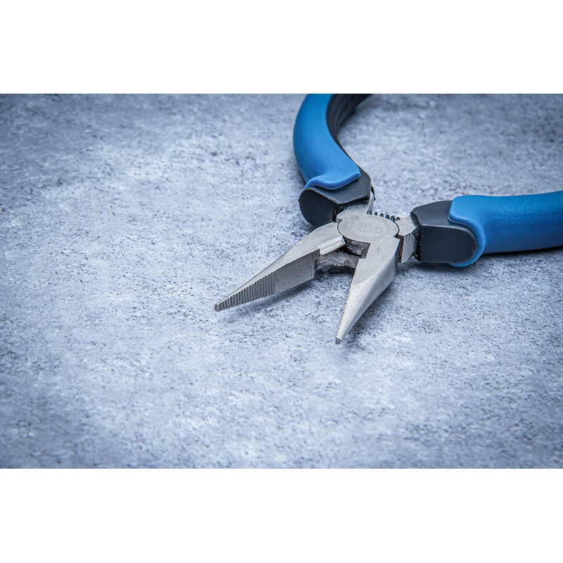 BGS 382 Straight Spring Loaded Electronic Long Nose Pliers, Silver/Black/Blue,