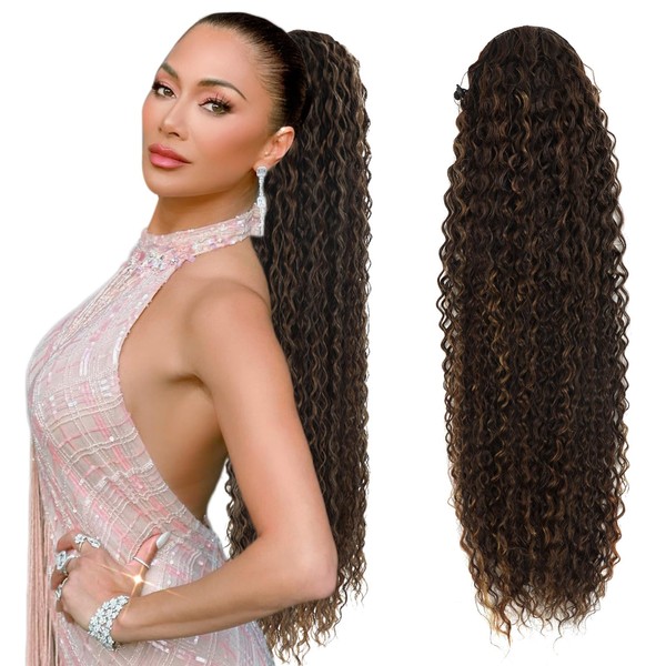 Yibang Corn curly drawstring ponytail extension for black women 30 Inch long kinky wave synthetic natural fake hair extensions clip in human hair piece(MIX8/10#Long Ponytail)…