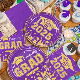Guzbewu Graduation Party Supplies,Purple And Gold Dessert Graduation Plates and Cocktail Napkins Sets,Congratulations On the 2025 Purple Graduation Dinnerware Decorations,Serve 50