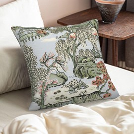 Wsunsal Chinoiserie Pillow Cover 18x18 Inch Set of 2, Asian Scenic Coral Green Blue Throw Pillows Farmhouse Chinoiserie Outdoor Decorative Pillowcase Linen Cushion Cover for Home Sofa Bedroom