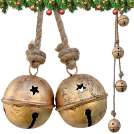 Christmas Sleigh Bells, Hanging Bells Vintage Cowbell Brass Gold Rustic Harmony Metal Jingle Bells Cluster, Tree Bells on Jute Rope, Christmas Decor Ornaments