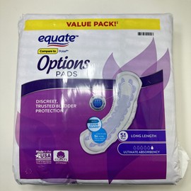 Equate Options Women's Ultimate-Long Incontinence Pads, Omni-Odor, 51 Count