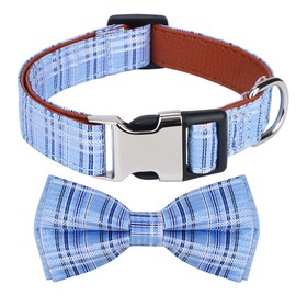 Rhea Rose Dog Collar with Bow Tie for Girl or Boy Gift Soft Durable Bowtie Blue Tartan Plaid Large
