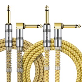 OTraki Guitar Cable 3FT, 2 Pack Straight to Right Angle 1/4 Inch Electric Guitar Cord with 6.35mm Gold-Plated TS Plug, Instrument Cable for Bass Keyboard Mixer Amplifier Speaker (Yellow & Brown)