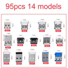 RUNCCI-YUN 95pcs 14 Values USB 2.0 3.0 A Type Micro USB Male Soldering Micro USB Plug Soldering 2.0 3.0 Type A Male Female Adapter, USB A Recessed Socket PCB Mounting DIY Soldering Replacement Parts