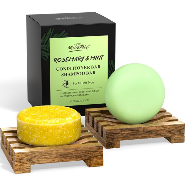 Rosemary Shampoo and Conditioner Bar Set for Hair Growth Solid Shampoo Conditioner Soap for Straight Curly Oily Dry Hair Moisturizing Cleansing Zero Waste 2x80g Soaps 2 Wooden Holder Christmas Gift