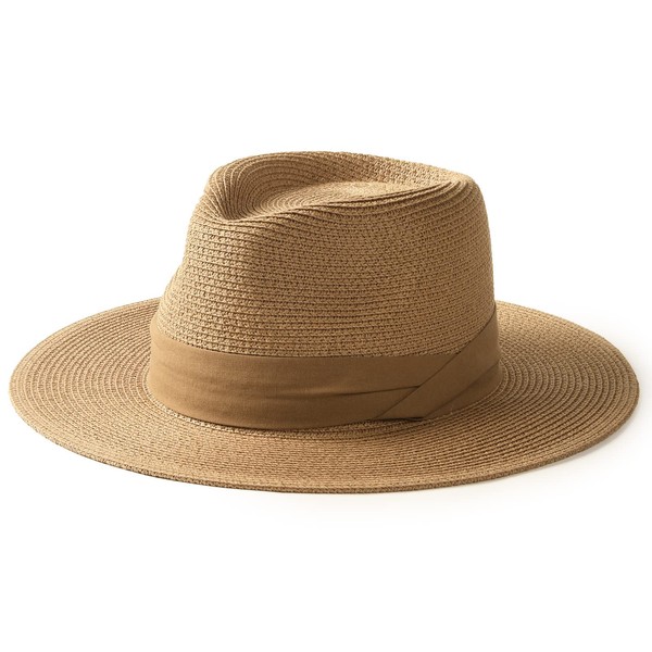 FURTALK Panama Hat Sun Hats for Women Men Wide Brim Fedora Straw Beach Hat UV UPF 50 Brown