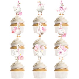 36 Pcs One Funny Goose Birthday Decor for Girls, Cute Pink Goose Themed Cupcake Toppers, Fun Farm Animal Birthday Baby Shower Gender Reveal Party Supplies (9 Designs)