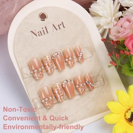 Square Stick On Nails Short Medium - Cat's Eye Tip False Nails With Glue, 30Pcs Pearl Flash False Nails, Fake Nail with Bead for Women Girls Nails Art, Nail Tips for Valentines Days Nails Art