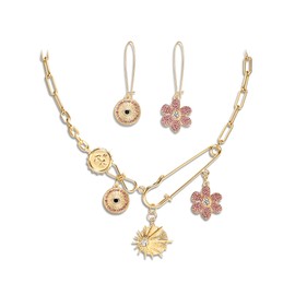 Clearine Charm Necklace Earrings Set for Women, Handmade Paperclip Evil Eye Anchor Flower Gold Pendant Jewellery for Outfit Summer Beach Accessories Pink Gold-Tone
