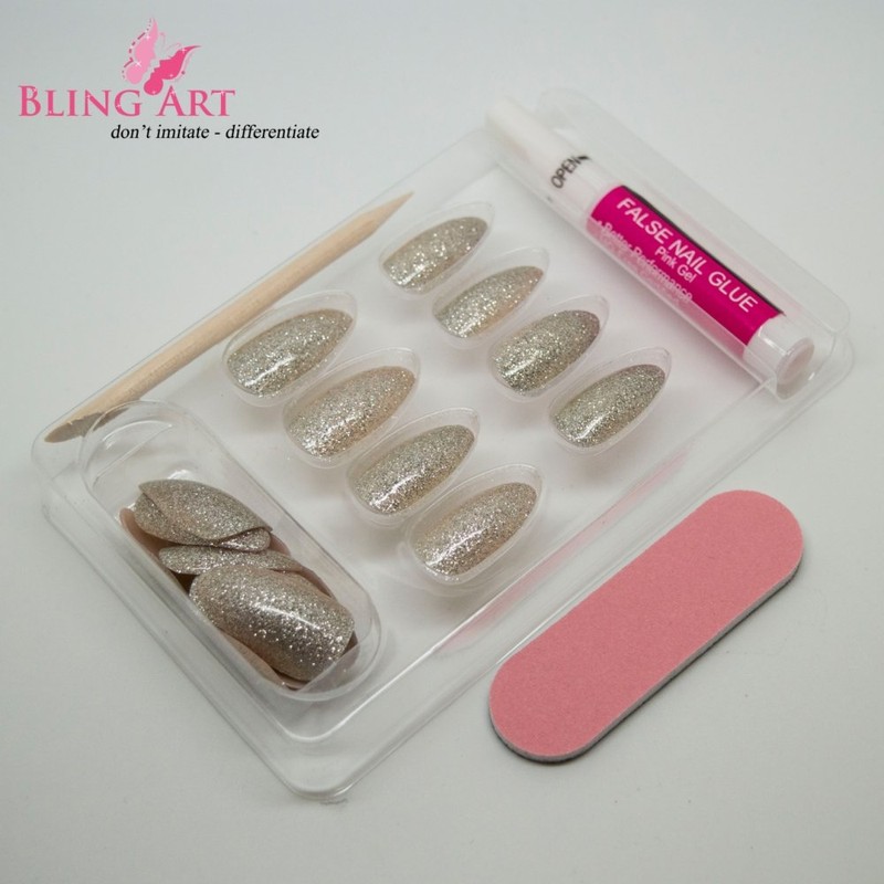 False Nails Bling Art Silver Gel Nails Stiletto Almond 24