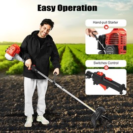JAYGOVAN Tiller Cultivator Gas Powered 52CC 2 Cycle Garden Cultivator Cordless Mini Tiller Cultivator Tiller with 2 Steel Adjustable Front Tines 10" Tilling Width