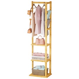 Cozivolife Bamboo Heavy Duty Small Clothing Coat Rack with Shelves & Hooks - Freestanding Corner Garment Rack for Entryway/Bedroom/Small Spaces - Anti-Slip, Anti-Tip Design, Easy Assembly