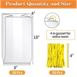 Clear Bread Bags with Ties, 30 Reusable Plastic Bags for Homemade Bread and Bakery Use, 50 Adjustable Ties