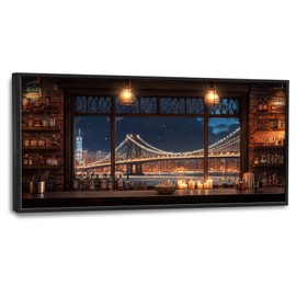 Brooklyn Bridge Large Wall Art for Living Room New York Nighttime Skyline Landscape Framed Pictures Canvas Decor City Prints Painting Extra Large Modern Artwork for Bedroom Office Kitchen 30"x60"