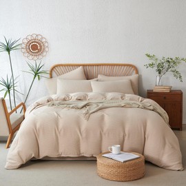 Duvet Cover King Beige, Luxury Brushed Microfiber Double-Layer Crinkle Gauze Beige King Duvet Cover, 3 Pieces Bedding for All-Season, Soft Breathable with Zipper Closure (No Comforter)