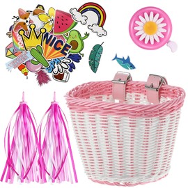 Boao Kid's Bicycle Basket Streamers Set, Unicorn Children's Bike Handlebar Wicker Basket Bike Streamers Bell and Stickers,Bike Basket Front Decoration for Girls (White and Pink)