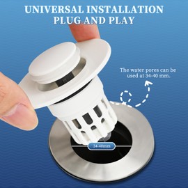 TRMFUSA Bathroom Pop Up Sink Drain Stopper 2 Pack, Push-Type with ABS Bounce Core, Deodorizing Filter & Anti-Clogging Hair Catcher Universal Fit for 1.34"-1.57" Drain Holes (White)