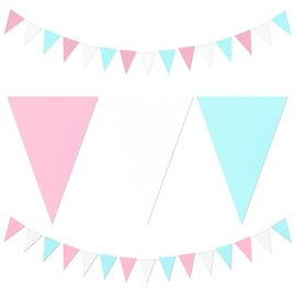White Pink Blue Party Decorations - 2Pack Paper Pennant Banner Triangle Flags Hanging Decor for Baby Gender Reveal Theme Decoration Birthday Ideas Event Party Supplies
