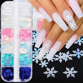 3D Snowflakes Nail Art Sequins Blue Snowflake,Pink Snowflakes,White Snowflake,Holographic Snow Flake for Christmas Nail Glitter Flakes Decals,Winter Xmas Nail Art Decorations Christmas Party 12 Grids