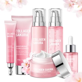 Sakura Skin Care Set, Cherry Blossom Skincare Set for Teen Girls, Hydrate & Repair Skin, 6 Pcs Individually Packaged Collagen Skin Care Kits with Cleanser, Toner, Lotion, Serum, Cream & Eye Cream