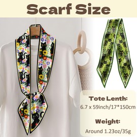 Cabreche 2PC Hair Head Scarf Neck Scarves Silk Feeling Long Oblique Angle Satin Cute Women Girls Handbag 59 * 6.7'' (AP19-Flower Cat)