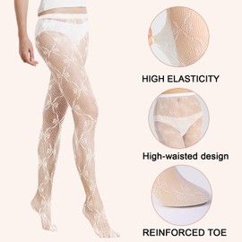 HZHSGLY 2 Pack White Lace Tights, Fishnet Fashion Patterned Tights for Women Ladies (Flower+Bow)