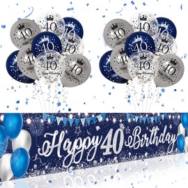 40th Birthday Decorations for Men Women,Navy Blue Silver Happy 40 Birthday Balloons Banners,40 Years Old Birthday Party,Extra Long Birthday banner (250cm*45cm),Happy 40th Birthday Decorations