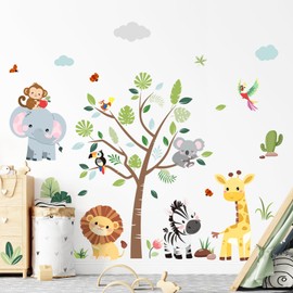 Supzone Jungle Animals Tree Wall Stickers Safari Elephant Giraffe Lion Zebra Wall Decals for Kids Toddlers Bedroom Living Room Baby Nursery Wall Decor