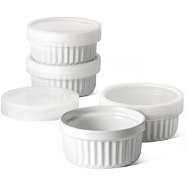 LE TAUCI Ramekins with Lids, 4 OZ Ramekins Oven Safe, Creme Brulee Ramekin Bowls, Ceramic Souffle Dishes with Covers, Custard Cups for Baking, Pudding, Serving Dip, Ice Cream, Set of 4, White