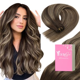 YoungSee 24Inch Weft Hair Extensions Real Human Hair Brown Balayage Double Weft Extension Human Hair Dark Brown Fading to Caramel Blonde Mix Brown Balayage Sew in Hair Extensions Real Human Hair 100G