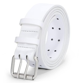 LEACOOLKEY Double Prong Leather Belts for Men PU Leather Work Belt For Jeans,2 Holes Casual Leather Belt for Men,White，Fits Pants Size up to 46"