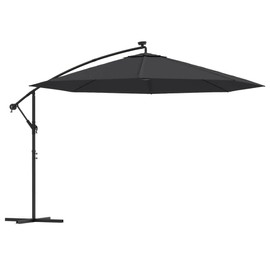 vidaXL Round Cantilever Umbrella with LED Lights – Black - 137.8" Durable Outdoor Patio Parasol with Solar-Powered Lights and Tilt Function - Anti-Fade Polyester Fabric with Sturdy Cross Base