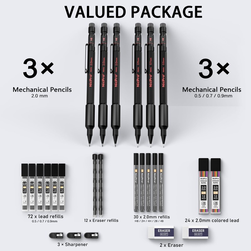 Nicpro Metal Mechanical Pencil Set, 3PCS Art Drafting Pencil 0.5,