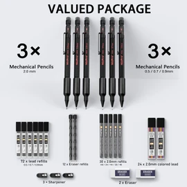 Nicpro Metal Mechanical Pencil Set, 3PCS Art Drafting Pencil 0.5, 0.7, 0.9MM & 2PCS 2MM Mechanical Drawing Pencils with 126 Lead(4B 2B HB 2H 4H Color) Weatherproof Barrel for Writing Sketching Drawing