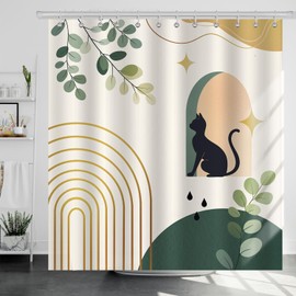 Dazzlewall Boho Shower Curtain Black Cat 180 x 180 cm, Green Leaves Beige Abstract Shower Curtains, Waterproof, Anti-Mould, Washable Polyester Textile Fabric for Bathroom with 12 Hooks