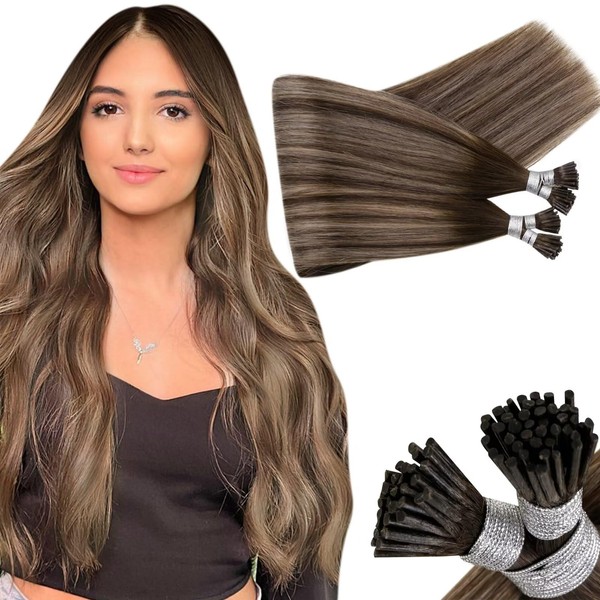Hetto Real Hair I Tip Extensions, Remy I Tip Extensions, Remy Real Hair Bonding Hair Extensions, Balayage Dark Brown with Ash Blonde to Dark Brown #4/18/4 50 g 50 cm 50 Stand