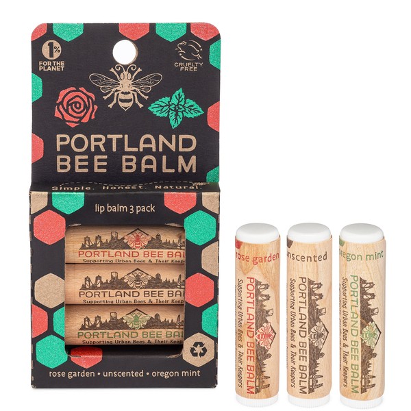 Portland Bee Balm Chapstick, Assorted, Pack of 3 (Oregon Mint, Rose Garden, Unscented) by Portland Bee Balm