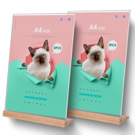 Pack of 2 A4 Acrylic Stands, Table Stands with Wooden Base, Acrylic L Stand, Double Sided Vertical Table Stand for Cafe, Restaurant, Wedding, 29.7 x 21 cm
