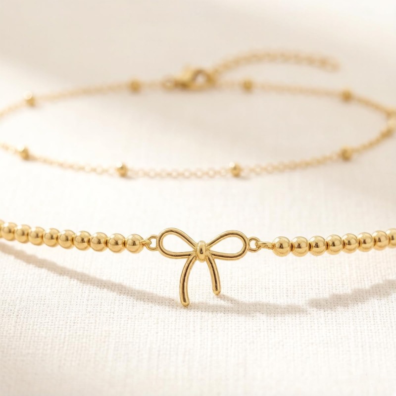 JNUIEU 2pcs Gold Bow Ankle Bracelets for Women 6In 8In