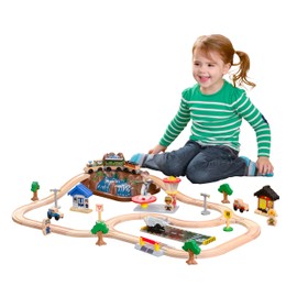 KidKraft Bucket Top Mountain Train Set with 61 Pieces, Magnetic Train, Wooden Tracks and Storage, Gift for Ages 3+