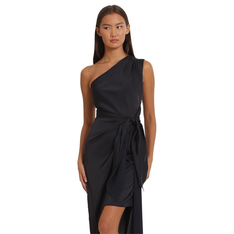 Donna Morgan Women's One Shoulder Faux Wrap Light Charmeuse Maxi