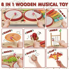 Lehoo Castle Baby Drum Set, Wooden Musical Instruments, Montessori Toys for Toddlers 1-3, Percussion Set with Xylophone Maracas Egg Shaker Drum Sticks, Preschool Christmas Birthday Gift