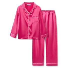 Beezizac Little & Big Girls Pajama Set Size 16 - Hot Pink Satin Silky Soft Long Sleeve Teen Cute 2-Piece Winter Jammies