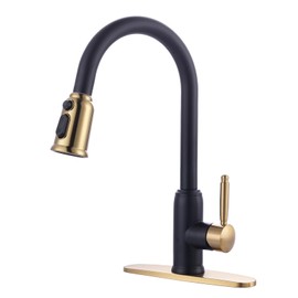 Black and Gold Kitchen Faucet with Sprayer, WOWOW Stainless Steel Kitchen Faucet for Sink 1 or 3 Hole, Pull Down Kitchen Faucet High Arc Single Handle Kitchen Sink Faucet Vintage Style