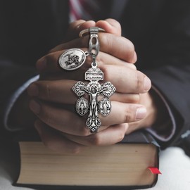 Orgcity Pardon Cross Keychain with Rosary Beads, Christian Easter Gifts, Cruz Del Perdon Catolica with St Benedict and Milagrosa Medal