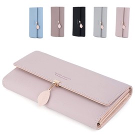 ZhengYue Ladies Purse, PU Leather Wallet for Women RFID Blocking Ladies Leaf Pendant Coin Zipper Long Purse with Multiple Card Slots and Card Holders Phone Pocket Pink